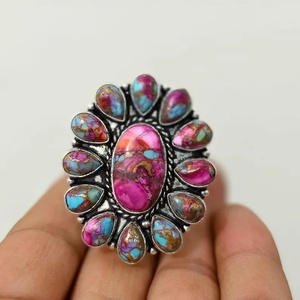 Bague bohème à grappe de fleurs en pierres précieuses avec pierres précieuses d'huître épineuse rose, plaqué argent sterling 925, bijoux unisexe, cadeau de mariage - Product Image 1