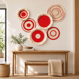 Ensemble de 6 tentures murales rondes modernes en ficelle de lin tissée à la main, motif cercles concentriques rouge et beige, lavables, décoration intérieure pour cuisine - Product Image 5