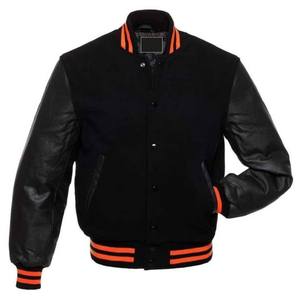 Veste varsity noire pour homme avec manches en cuir et bordure orange, coupe classique, vêtement décontracté pour l'automne - Product Image 1