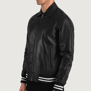 Men's Black Genuine Leather Waterproof Breathable Eco-Friendly Windproof Bomber Jacket Turn-down Collar Zipper Closure Regular - Product Image 5