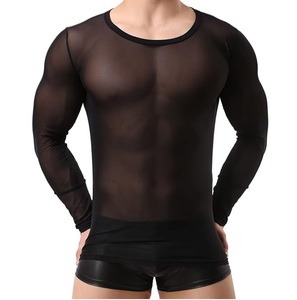 T-shirt en maille noire unie à manches longues et col rond, respirant, de haute qualité, coupe ajustée, effet résille, sous-vêtement. - Product Image 6