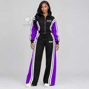 Ensemble de jogging décontracté NCNW Sorority pour femme, veste zippée rayée violette et blanche, pantalon large, survêtement color block - Product Image 5