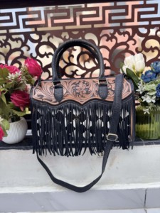 Hand Tooled Checkered Leather Fringe Tote Bag Cross-Body Large Size Western Fashion New Arrival Stylish <b>Purse</b> For Daily Use - Product Image 5