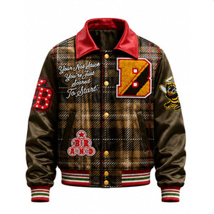Chaqueta Varsity a Cuadros Marrón para Hombre con Logotipo Bordado y Diseños de Parches, Cuello Camisero, Estilo Casual, Material de Poliéster y Algodón - Product Image 2