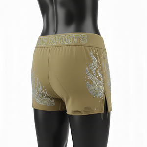 Shorts de Mujer de Alta Calidad, 260 GSM, Algodón y Spandex Elástico, Color Caqui, Panel con Llama, Logotipo con Pedrería Hotfix - Product Image 5