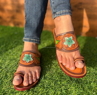Sandales à bout ouvert en cuir véritable de vachette véritable fait à la main pour femmes style occidental décontracté extérieur tongs plates turquoise