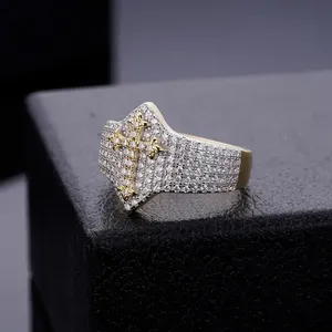 Men's 925 <b>Silver</b> 18K Gold Filled Moissanite Cocktail <b>Ring</b> Round Brilliant Cut Pave Setting <b>Cross</b> Religious Style - Product Image 2