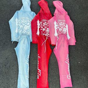 Customized Color & Printing Streetwear Tracksuit Custom Logo Acid Wash Zip-up Hoodie & Flared Trouser <b>Set</b> Sweat Suit for Men - Product Image 3