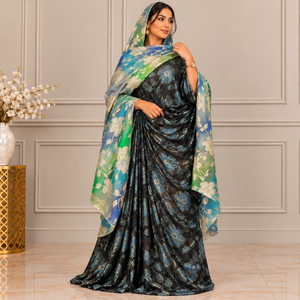 Exotic Teal & Olive Green Somalian Fransawi Dirac Set with Floral Design Made of Silky Fabric for Women Party Wear - Product Image 5