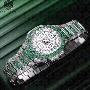 Charm Jewels Luxury Stainless Steel <b>Watch</b> 20mm Band Green Emerald Inlay <b>Diamond</b> Accented Unisex Fashion Quartz Movement - Product Image 1