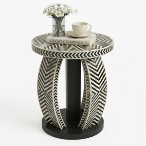 Mesa de Centro de Lujo con Incrustaciones de Hueso, Hecha a Mano, con Patrón Geométrico en Blanco y Negro, Redonda, con Base de Pedestal Sólido, Venta al Por Mayor - Product Image 6