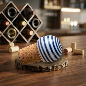 Eco-Friendly <b>Beads</b> Art Ceramic Corks Bottle <b>Stopper</b> with Blue White Stripes and Cork Base for Wine Sealing - Product Image 2