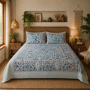 Jaipur Hand <b>Block</b> Printed Pure Cotton Indian Boho White <b>Bed</b> Sheet Set King Size Non Toxic Dyes Sustainable Flowers Hospital - Product Image 5