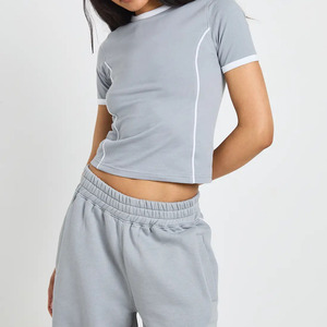 Hot Sale Cotton Women's Gray 2-Piece Casual <b>Set</b> Short Sleeve Crop Top With High Waist Loose Pants Breathable Knitted Fabric <b>Set</b> - Product Image 3