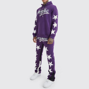 Conjunto Deportivo con Capucha y Estampado de Estrellas Púrpuras para Hombre, Ropa Urbana, 100% Algodón, Corte Regular, para Otoño - Product Image 1