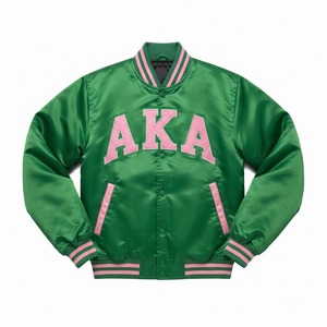 Chaqueta universitaria estilo béisbol para mujer, con parches bordados de satén con la letra griega AKA, estilo hermandad, ropa griega personalizada. - Product Image 1