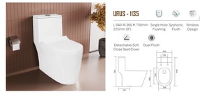 WC monobloc avec design sans rebord 640x360x750mm, chasse d'eau siphonique à double déclenchement, abattant à fermeture douce détachable, siphon en S 225mm - Product Image 3