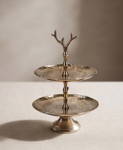 Modern Gold Metal 2 <b>Tier</b> <b>Cake</b> <b>Stand</b> Luxury Deer Antler Handle Hammered Dessert Display Cupcake Holder Table Decor - Product Image 1