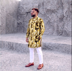 Gold Foil Print <b>Mens</b> <b>Kurta</b> Pajama Cotton Achkan Sherwani Traditional Party Outfit In-Stock - Product Image 3