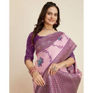 TRENDING KANJIVARAM SEDA JACQUARD TRABAJO SAREE CON BLUSA DESCOSTIRADA BEBÉ ROSA - Product Image 2