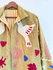 Suzani Embroidered <b>Quilted</b> <b>Jacket</b> Reversible Eco-Friendly Breathable Cotton Viscose Blend Floral <b>Pattern</b> Belt Closure Regular - Product Image 5