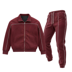 Conjunto Deportivo Personalizado Color Granate, Tejido Waffle, Cortavientos, Chaqueta Bomber Ligera con Cierre y Ribete, Pantalones Jogger de Pierna Ancha, Estilo Casual de Invierno para Hombre - Product Image 1