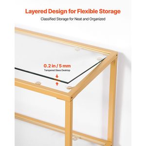 Mesa Consola Moderna de 3 Niveles con Patas de Hierro, Tapa Rectangular de Vidrio Templado, Mesa Auxiliar Dorada para Sofá y Escritorio - Product Image 4
