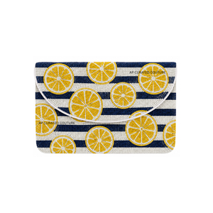 Handmade Seed Beaded Lemon Embroidered <b>Clutch</b> <b>Bag</b> With <b>Blue</b> And White Stripes Custom Summer Women's Fashion Accessory - Product Image 6