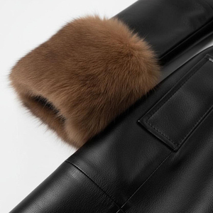 Elegant <b>Black</b> Real Leather Breathable Windproof Unisex Trench <b>Coat</b> <b>Fur</b> Trim <b>Collar</b> Cuffs Long Length Winter Outerwear Polyester - Product Image 6