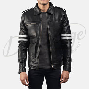 Chaqueta Utilitaria de Cuero Genuino Negra para Hombre con Franjas Blancas en los Brazos, Múltiples Bolsillos, Corte Ajustado, Estilo Motero, Ropa de Invierno - Product Image 3
