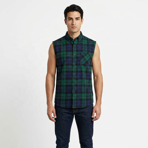 Custom Logo Green <b>Blue</b> Black Pattern Sleeveless Plaid <b>Flannel</b> <b>Shirt</b> Button Down Collar Casual Cotton Top Autumn Wear Men's <b>Shirt</b> - Product Image 1