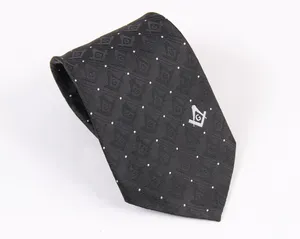 Corbata clásica de seda negra con patrón geométrico de puntos y símbolo masónico para uso empresarial - Product Image 1