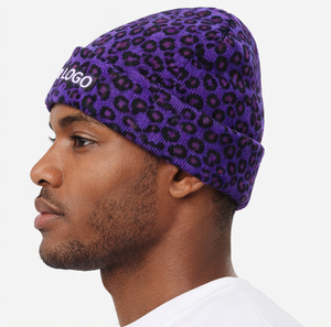 Custom Logo Purple Leopard Print Rib <b>Knit</b> Beanie OEM Purple <b>Animal</b> Print Cuffed <b>Knit</b> Beanie Leopard <b>Pattern</b> Winter <b>Knit</b> Beanie - Product Image 2
