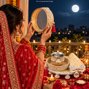 Ensemble de thali Karwa Chauth, 3 pièces, thali décoratif pour la prière avec bol Karwa, tasse en acier inoxydable pour les femmes, célébration festive - Product Image 4
