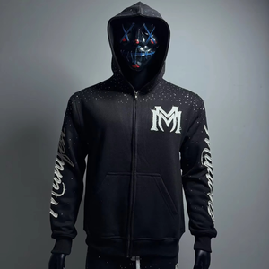 Survêtement unisexe personnalisé, coupe évasée et courte, style jogging, avec fermeture éclair effet délavé, broderie et strass, couleur unie, style hip-hop, hiver, respirant, pour le sport - Product Image 2