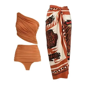 Women's One-Piece Orange Bikini Set with High Waist Bottom Tiger Print <b>Cover</b>-<b>Up</b> Breathable <b>Swimwear</b> - Product Image 4