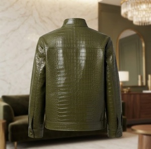 Blouson en cuir PU gaufré crocodile vert, col montant, manches longues, longueur standard, veste pour femme, automne - Product Image 2