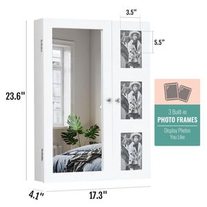 Armadietto a Specchio da Parete in Legno Bianco con Specchio Non Integrale, Vano Portaoggetti Multistrato e Cornice Portafoto per Organizzazione Gioielli - Product Image 4