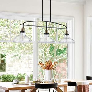 Lampadario a sospensione moderno in stile industriale da 45 pollici con 3 luci, paralumi in vetro trasparente e struttura in metallo nero regolabile - Product Image 3