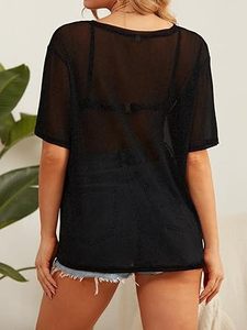 Camiseta de malla negra transparente para mujer, tallas grandes, servicios de pedidos al por mayor OEM, camisetas de malla de red de manga corta personalizadas y ecológicas - Product Image 3
