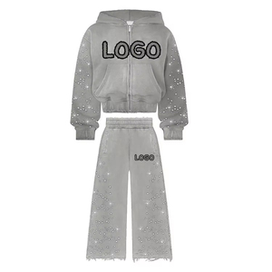 ผู้ผลิตเสื้อผ้า OEM ปี 2026 ชุดวอร์มผู้ชายแบบกำหนดเอง ชุดวอร์มประดับเพชร ชุดจ็อกเกอร์ ชุดฮู้ดซิปเต็มตัวสไตล์วินเทจ ชุดวอร์มลายฟอกสี - Product Image 4