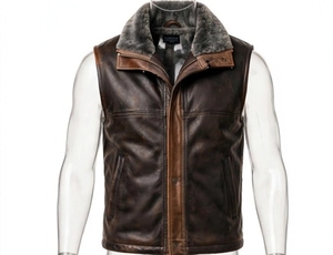 Gilet en cuir marron pour homme avec col en fourrure, doublure décontractée et fermeture éclair - Product Image 1