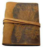 Journal artisanal vintage à couverture rigide avec motif feuilles de chanvre et de jute, reliure cousue, exportations Camelon, origine Rajasthan, 120 feuilles