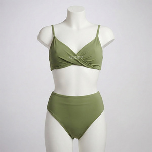 Women's Olive <b>Green</b> Eco-Friendly Breathable 2-Piece Bikini Set Crossed <b>Halter</b> <b>Top</b> High Waist Bottoms Solid Color Spandex Front - Product Image 1