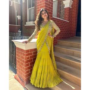 นักออกแบบ RTC ชุด lehenga Saree ไม่มีตะเข็บสีเหลืองสำหรับงานปาร์ตี้หรือการแสดง - Product Image 5