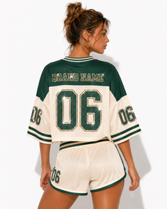 Premium Mesh Custom <b>Rhinestone</b> Crystal Number American Football Jersey Crew Neck Short Sleeve Y2K Bling Crop <b>Top</b> Shorts Sets OEM - Product Image 4