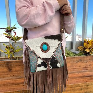 กระเป๋าสะพายข้างหนังวัวหนังวัวสีเทอร์ควอยซ์สไตล์ตะวันตก - Product Image 2