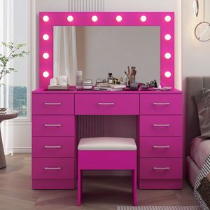 Large Lighted 12 LED Mirror Makeup Vanity Desk Set with 9 Drawers Glass Top Vanity Table with Power Outlet - Product Image 1