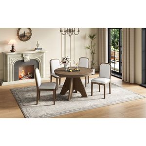 TREXM <b>Rustic</b> <b>Farmhouse</b> 42 58 Inch Extendable Vintage <b>Dining</b> <b>Table</b> Set 4 6 4 Upholstered Chairs for Kitchen <b>Dining</b> Room - Product Image 2