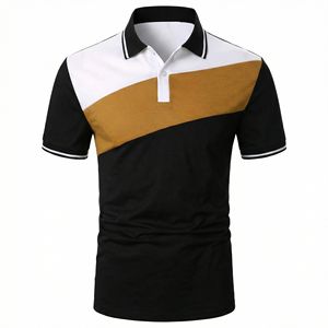 Camiseta polo para hombre con bloques de color, tela de algodón suave, mangas cortas, cuello en contraste, corte ajustado, transpirable, informal y elegante para uso diario. - Product Image 5